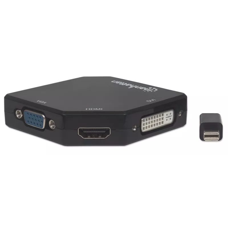 Manhattan Mini DisplayPort 1.2 do HDMI, DVI i VGA adapter kablowy (3-w-1), 25 cm, czarny, męski do żeńskiego, pasywny, HDMI 4K@30Hz, VGA i DVI 1080p@60Hz, odpowiednik MDP2VGDVHD, kompatybilny z DVI-D, trzyletnia gwarancja, blister