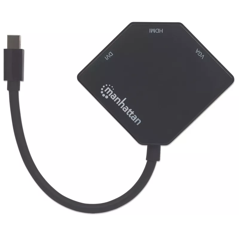 Manhattan Mini DisplayPort 1.2 do HDMI, DVI i VGA adapter kablowy (3-w-1), 25 cm, czarny, męski do żeńskiego, pasywny, HDMI 4K@30Hz, VGA i DVI 1080p@60Hz, odpowiednik MDP2VGDVHD, kompatybilny z DVI-D, trzyletnia gwarancja, blister