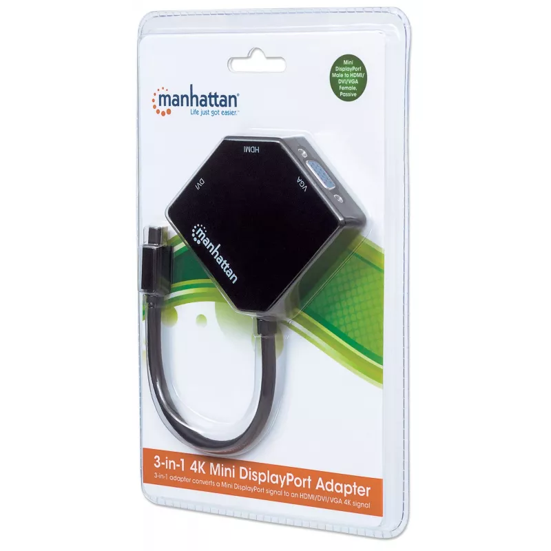 Manhattan Mini DisplayPort 1.2 do HDMI, DVI i VGA adapter kablowy (3-w-1), 25 cm, czarny, męski do żeńskiego, pasywny, HDMI 4K@30Hz, VGA i DVI 1080p@60Hz, odpowiednik MDP2VGDVHD, kompatybilny z DVI-D, trzyletnia gwarancja, blister