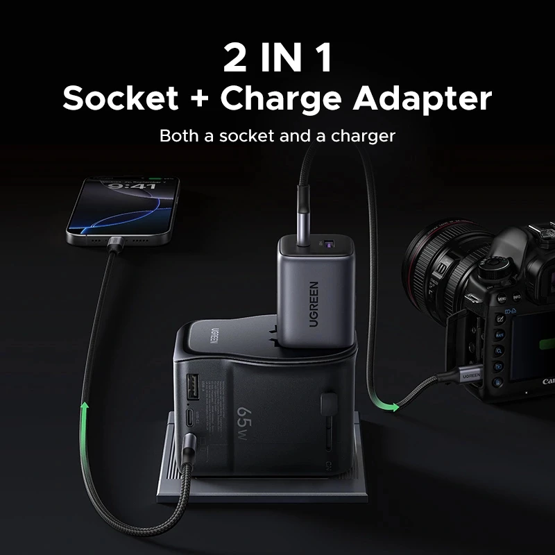 Ładowarka sieciowa do urządzeń mobilnych UGREEN 55001 — 2× USB-C, 100–240 V, szybkie ładowanie, czarno-szara