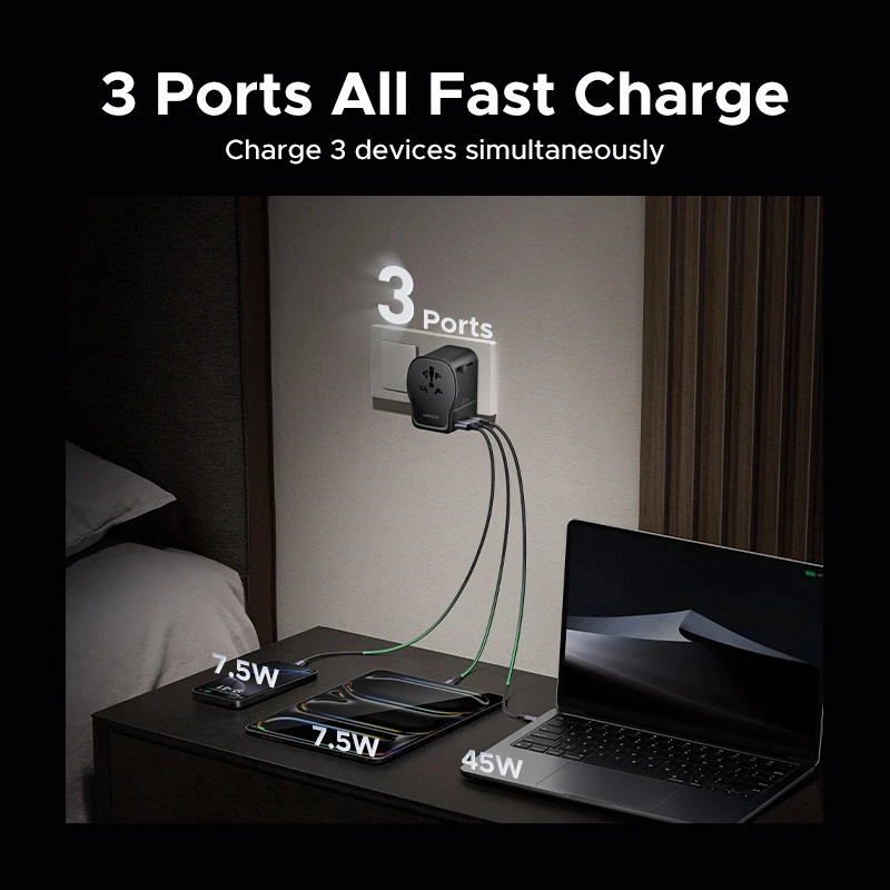 Ładowarka sieciowa do urządzeń mobilnych UGREEN 55001 — 2× USB-C, 100–240 V, szybkie ładowanie, czarno-szara