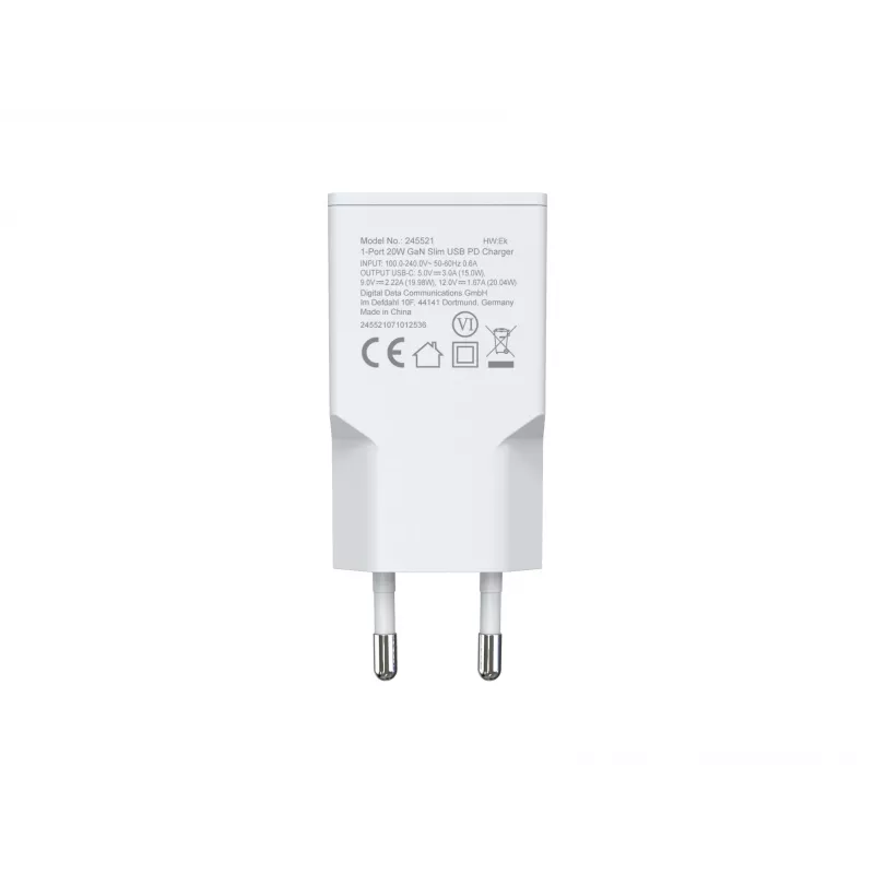Ładowarka ścienna EQUIP 1-Port 20W GaN USB-C PD — wejście 100–240V, wyjście maks. 12V, biała