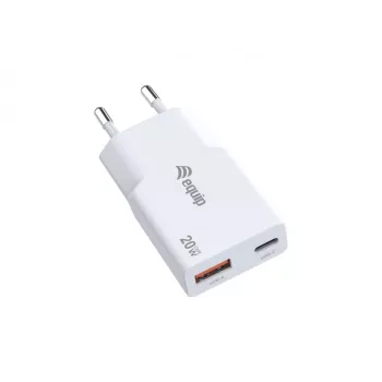 EQUIP 2‑portowa 20W GaN cienki ładowarka USB PD — USB‑C x1, USB‑A x1, wejście 100–240V, maks. wyjście 12V, biała
