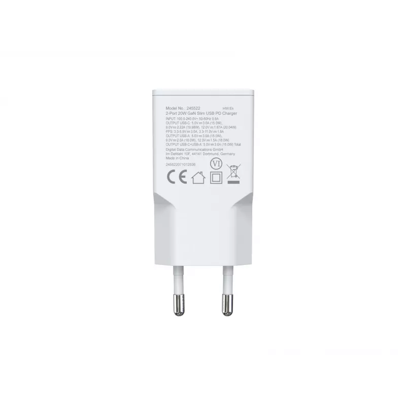 EQUIP 2‑portowa 20W GaN cienki ładowarka USB PD — USB‑C x1, USB‑A x1, wejście 100–240V, maks. wyjście 12V, biała