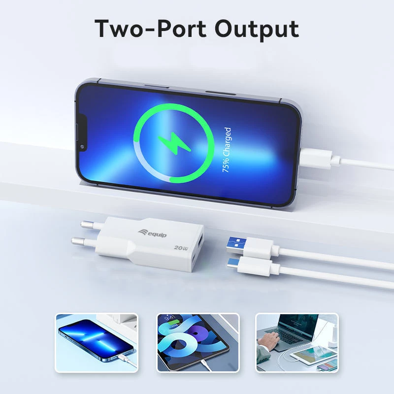 EQUIP 2‑portowa 20W GaN cienki ładowarka USB PD — USB‑C x1, USB‑A x1, wejście 100–240V, maks. wyjście 12V, biała