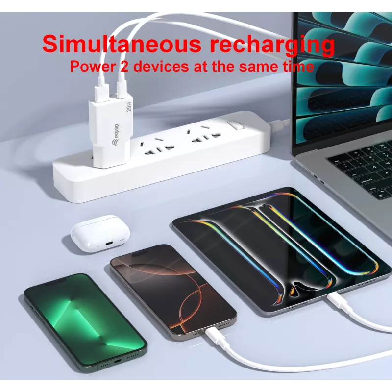 EQUIP 2‑portowa 20W GaN cienki ładowarka USB PD — USB‑C x1, USB‑A x1, wejście 100–240V, maks. wyjście 12V, biała
