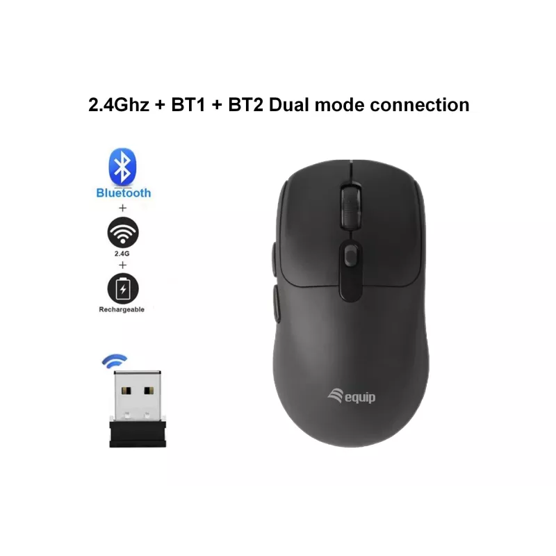 EQUIP Symetryczna mysz bezprzewodowa 6-przyciskowa Dual Mode, optyczna 1600 DPI, RF + Bluetooth, czarna
