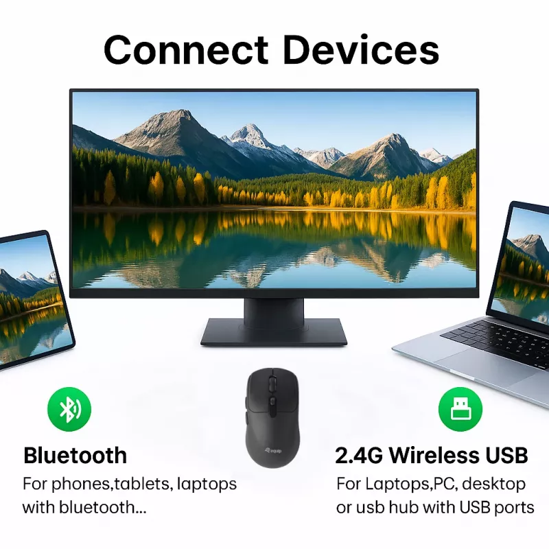 EQUIP Symetryczna mysz bezprzewodowa 6-przyciskowa Dual Mode, optyczna 1600 DPI, RF + Bluetooth, czarna