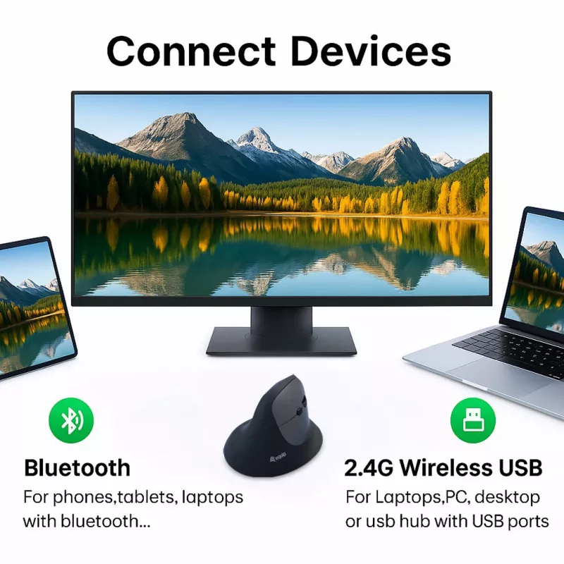EQUIP ergonomiczna pionowa mysz bezprzewodowa praworęczna 1600 DPI, RF Wireless + Bluetooth, ładowalna, 6 przycisków, czarna