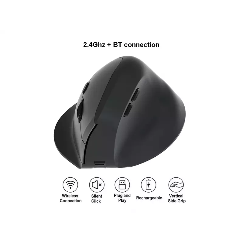 EQUIP ergonomiczna pionowa mysz bezprzewodowa praworęczna 1600 DPI, RF Wireless + Bluetooth, ładowalna, 6 przycisków, czarna