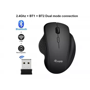 EQUIP 6-przyciskowa dwutrybowa bezprzewodowa mysz ładowalna — praworęczna, optyczna 1600 DPI, RF Wireless + Bluetooth, czarna