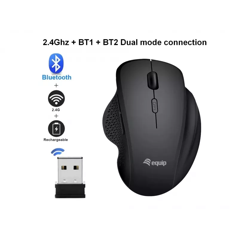 EQUIP 6-przyciskowa dwutrybowa bezprzewodowa mysz ładowalna — praworęczna, optyczna 1600 DPI, RF Wireless + Bluetooth, czarna