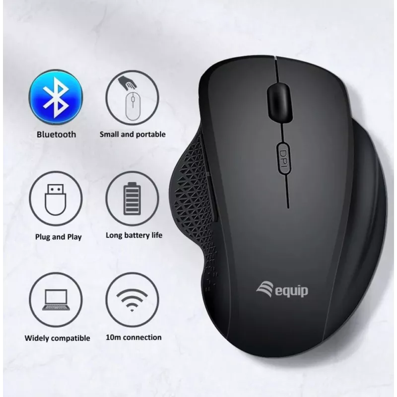 EQUIP 6-przyciskowa dwutrybowa bezprzewodowa mysz ładowalna — praworęczna, optyczna 1600 DPI, RF Wireless + Bluetooth, czarna