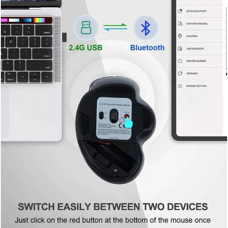 EQUIP 6-przyciskowa dwutrybowa bezprzewodowa mysz ładowalna — praworęczna, optyczna 1600 DPI, RF Wireless + Bluetooth, czarna