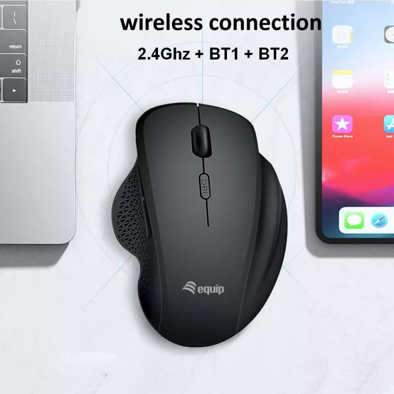 EQUIP 6-przyciskowa dwutrybowa bezprzewodowa mysz ładowalna — praworęczna, optyczna 1600 DPI, RF Wireless + Bluetooth, czarna
