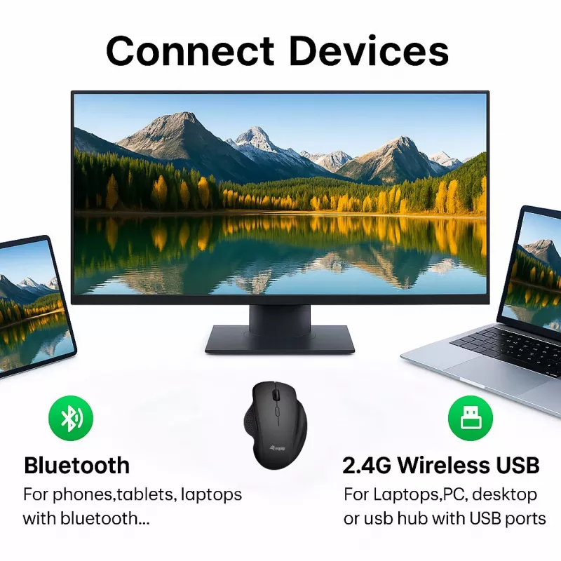 EQUIP 6-przyciskowa dwutrybowa bezprzewodowa mysz ładowalna — praworęczna, optyczna 1600 DPI, RF Wireless + Bluetooth, czarna