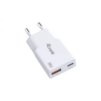 Ładowarka Equip 2-portowa 30W GaN cienki USB PD — USB-C x1, USB-A x1, wejście 100–240V, wyjście maks. 20V, biała