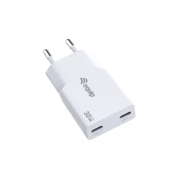 Ładowarka Equip 2-portowa 30W GaN cienki USB-C PD — 2 porty USB-C, wejście 100–240 V, maks. wyjście 20 V, biała