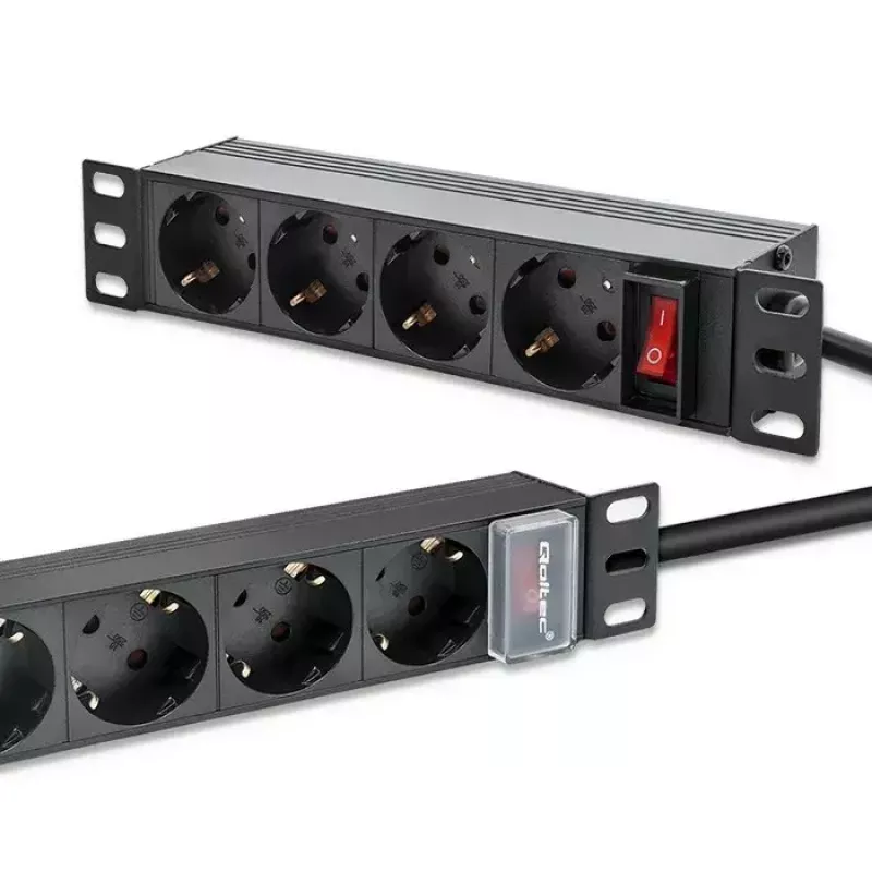 Listwa zasilająca QOLTEC 54603 — montowana w szafie rack 1U, wejście 16A, 4× gniazda SCHUKO