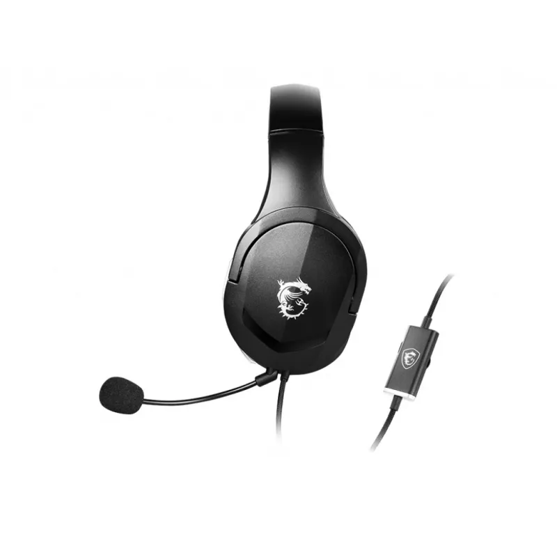 MSI IMMERSE GH20 Gaming Headset '3.5mm inline with audio splitter accessory, Czarny, 40mm Drivers, Unidirectional Mic, PC & Cross-Platform Compatibility'