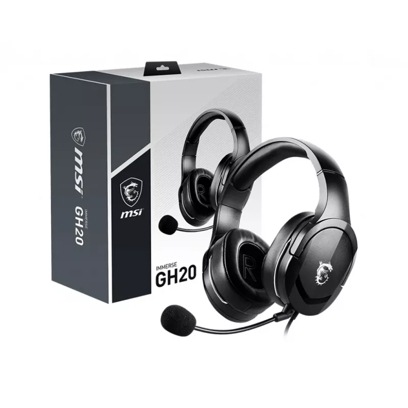 MSI IMMERSE GH20 Gaming Headset '3.5mm inline with audio splitter accessory, Czarny, 40mm Drivers, Unidirectional Mic, PC & Cross-Platform Compatibility'
