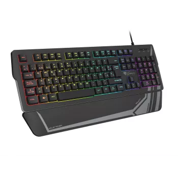 Klawiatura gamingowa GENESIS Rhod 350 RGB — Pełnowymiarowa, 104-klawisze, USB, QWERTY hiszpańska, Czarna, Podświetlenie RGB, Podpórka pod nadgarstki