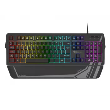 Klawiatura gamingowa GENESIS Rhod 350 RGB — Pełnowymiarowa, 104-klawisze, USB, QWERTY hiszpańska, Czarna, Podświetlenie RGB, Podpórka pod nadgarstki