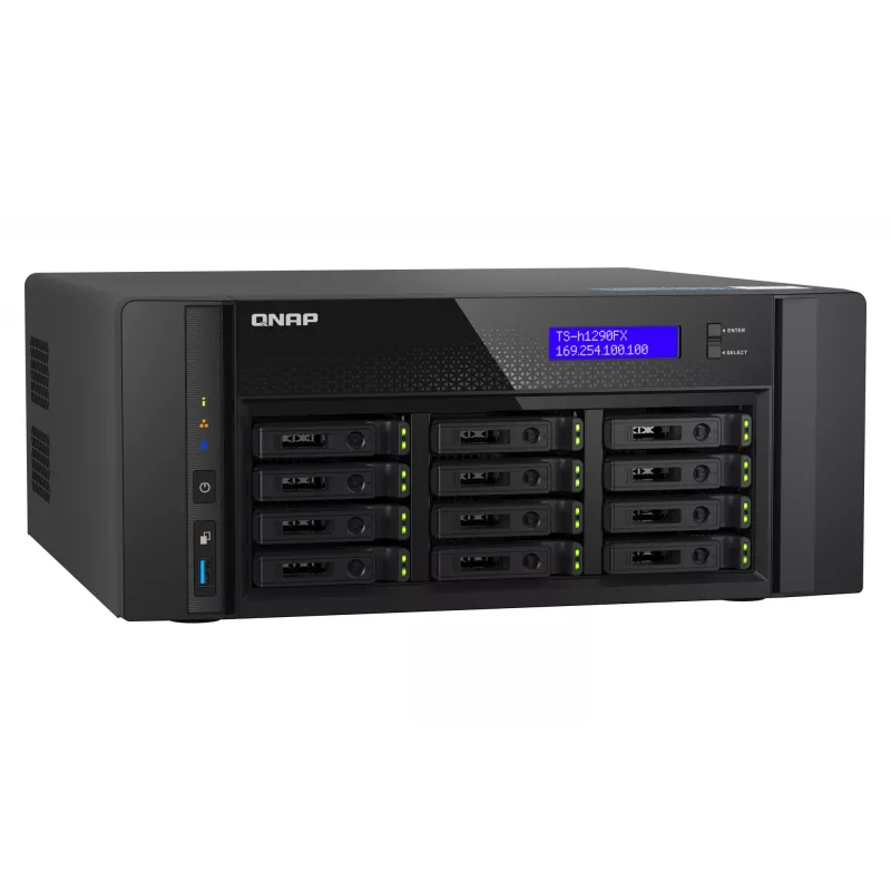 NAS Tower QNAP TS-h1290FX — EPYC 7302P 3.0 GHz, 128 GB DDR4, 12-zatokowy, QuTS hero, Czarny