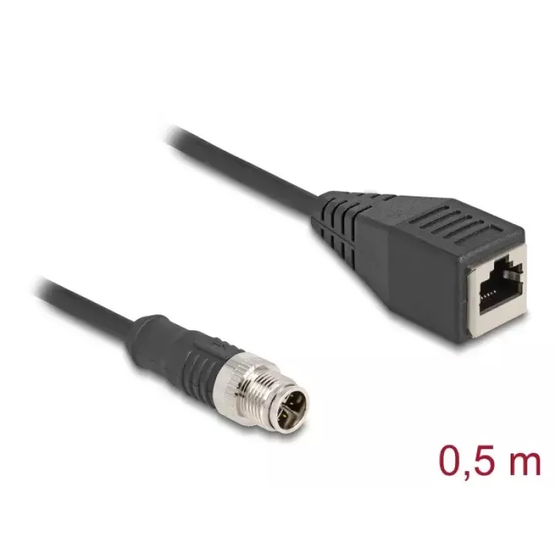 Kabel sieciowy DeLOCK M12 X-kodowany 8-pin męski na RJ45 żeński Cat5e 0,5 m Czarny