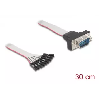 Płaski kabel taśmowy RS-232 DELOCK 9-pinowe złącze żeńskie do D-Sub 9-pin męskiego z nakrętkami, 30 cm, czarno-szary