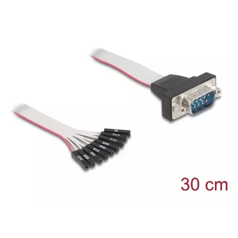 Płaski kabel taśmowy RS-232 DELOCK 9-pinowe złącze żeńskie do D-Sub 9-pin męskiego z nakrętkami, 30 cm, czarno-szary