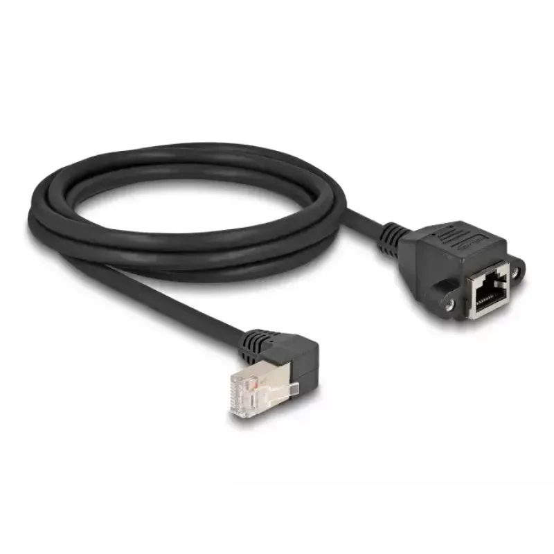 Kabel przedłużający sieciowy DeLOCK S/FTP RJ45 kątowy 90° na RJ45 kat.6A 2 m czarny