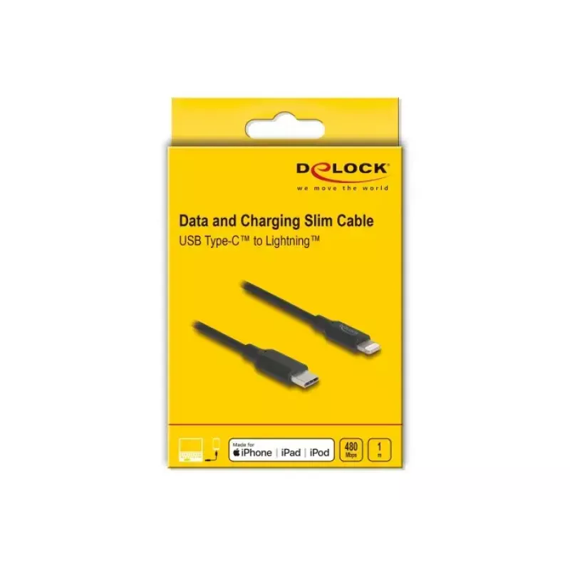 kabel DELOCK USB-C na Lightning cienki 1 m, Lightning ↔ USB-C, 9 V 3 A, 3,3 mm, MFi