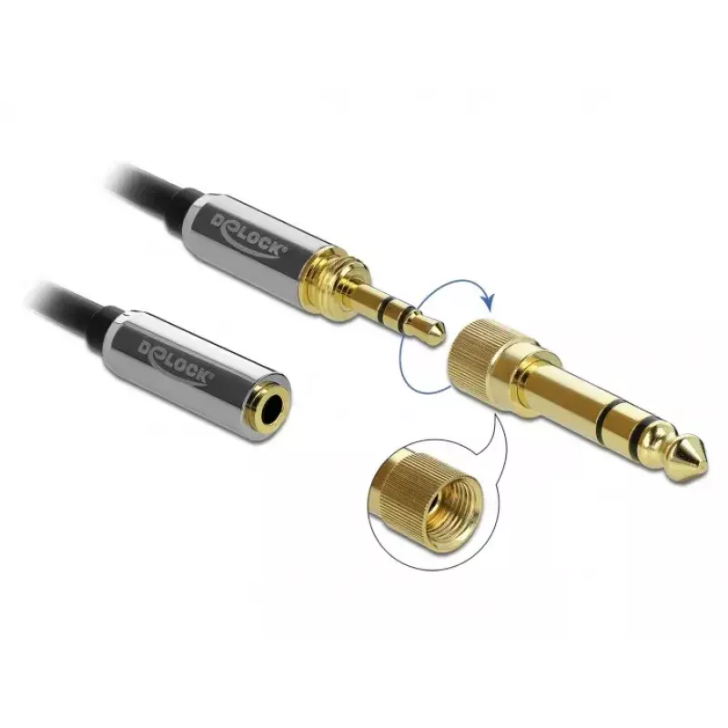 Przedłużacz audio DELOCK 85831 — 1 m, 3,5 mm wtyk męski na żeński, pozłacane styki, AWG 28, czarny