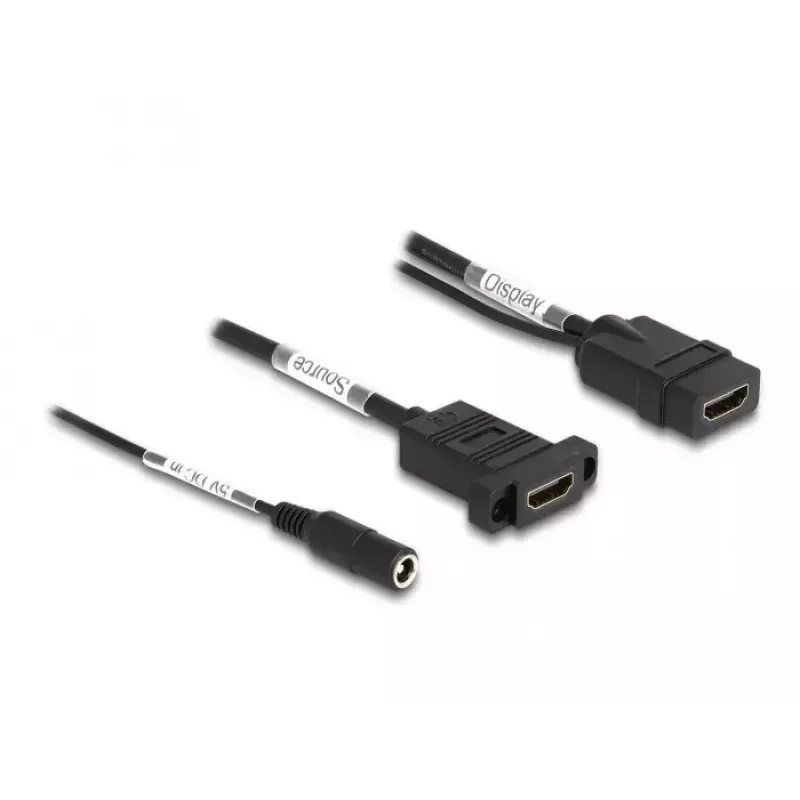 Kabel DeLOCK HDMI 4K 60 Hz z zasilaniem DC 2,1 x 5,5 mm 0,30 m do montażu panelowego
