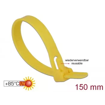 Opaska zaciskowa wielokrotnego użytku DELOCK 18760 — Nylon, 150×7.5 mm, Żółta, 100 szt.