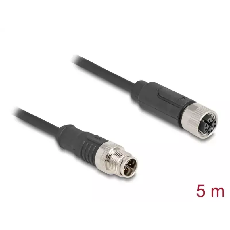 Kabel sieciowy DeLOCK M12 X-coded 8-pin męski na żeński Cat5e 5 m Czarny