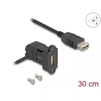 DeLOCK USB 2.0 Typ-A do montażu panelowego, gniazdo żeńskie, wyjście pod kątem 45°, na gniazdo żeńskie Typ-A, kabel 30 cm, czarny