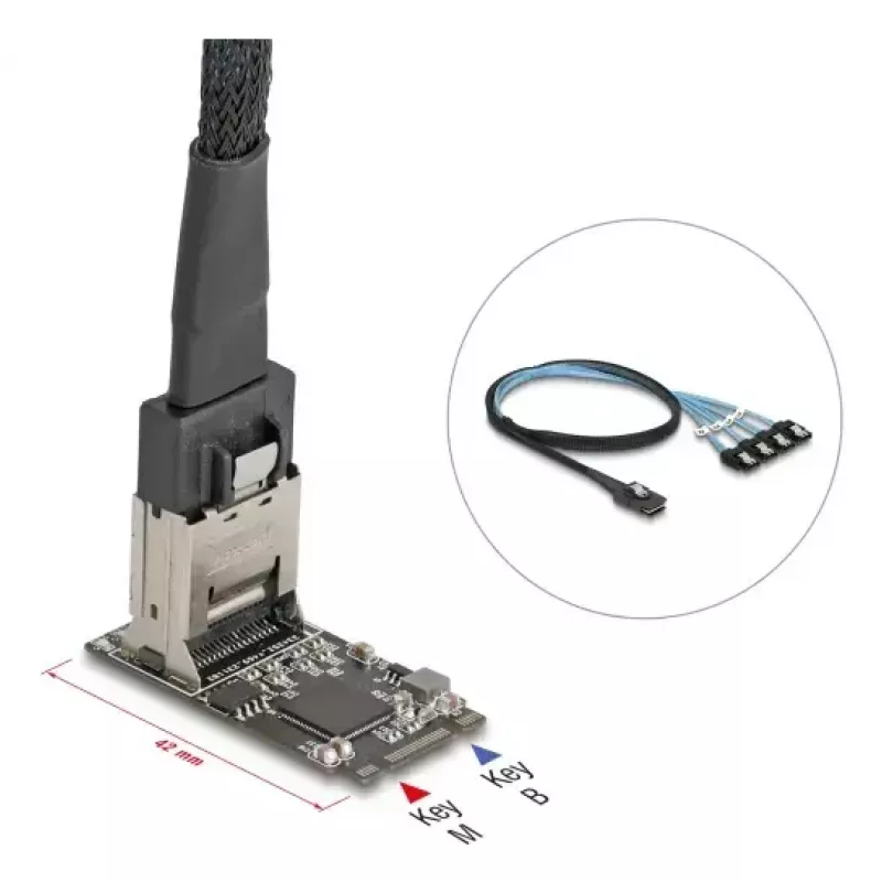 Karta adaptera DELOCK wewnętrzna M.2 na Mini-SAS 64260, host M.2, wyjście Mini-SAS, JMicron JMB585, czarna, diody LED