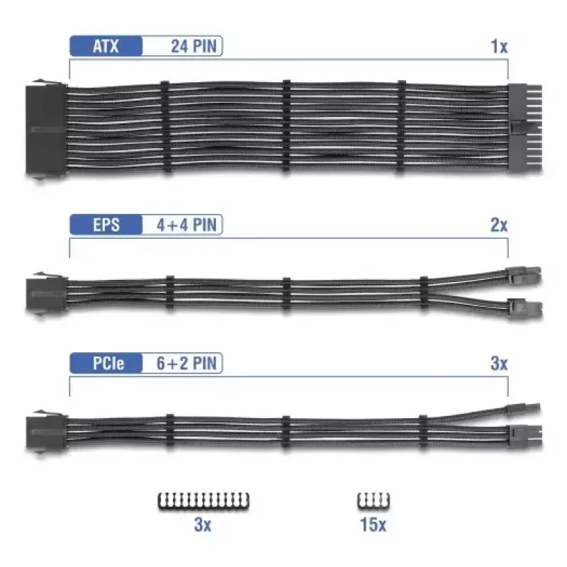 Zestaw przedłużaczy do zasilacza DELOCK 30 cm, 6-częściowy w oplocie (1×24-pin ATX, 2×4+4-pin EPS, 3×6+2-pin PCIe) czarny