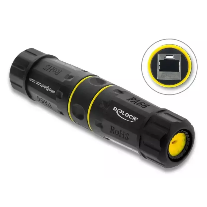Adapter złącza DELOCK gniazdo RJ45 na gniazdo RJ45 z gwintem M23 dla Cat.6a/Cat.7, IP68, czarny