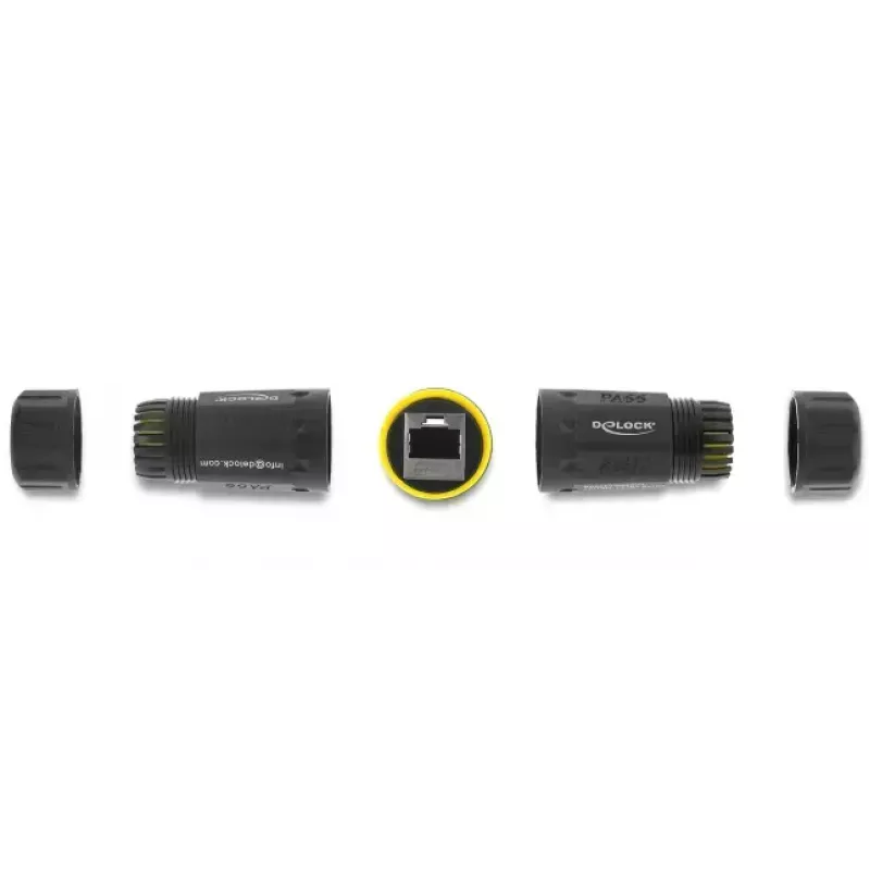 Adapter złącza DELOCK gniazdo RJ45 na gniazdo RJ45 z gwintem M23 dla Cat.6a/Cat.7, IP68, czarny