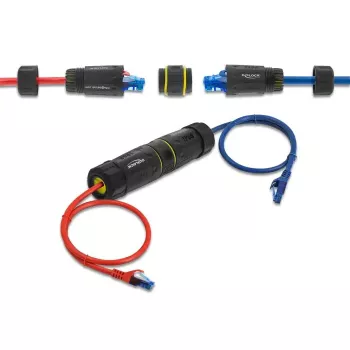 Adapter złącza DELOCK gniazdo RJ45 na gniazdo RJ45 z gwintem M23 dla Cat.6a/Cat.7, IP68, czarny