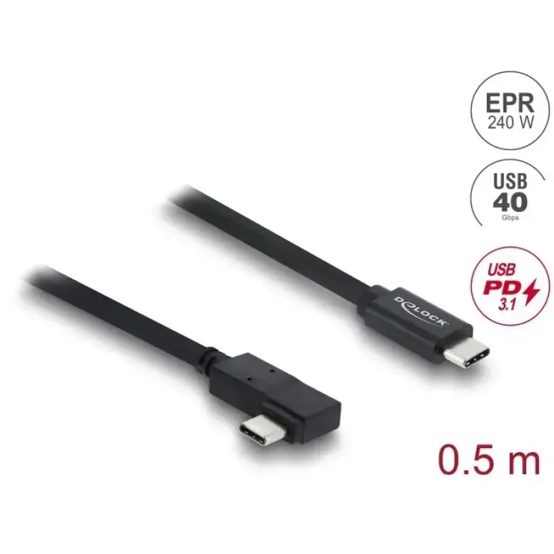 DELOCK koncentryczny kabel USB4 Gen 3x2 kątowy lewo/prawo USB-C do USB-C 40 Gbps USB PD 3.1 240 W 0.5 m
