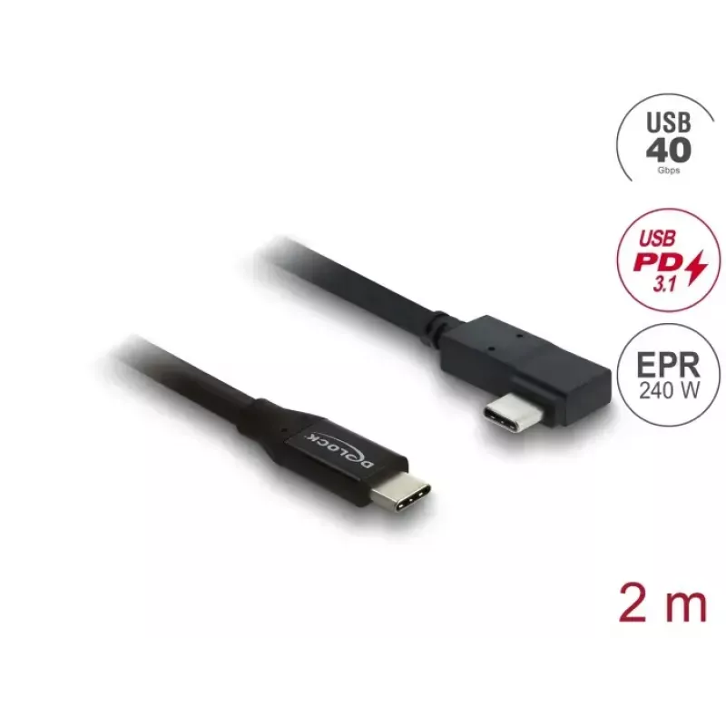 Kabel DELOCK koncentryczny USB4 Gen 3x2 40 Gbps USB-C na USB-C kątowy lewy/prawy PD 3.1 240 W 2 m