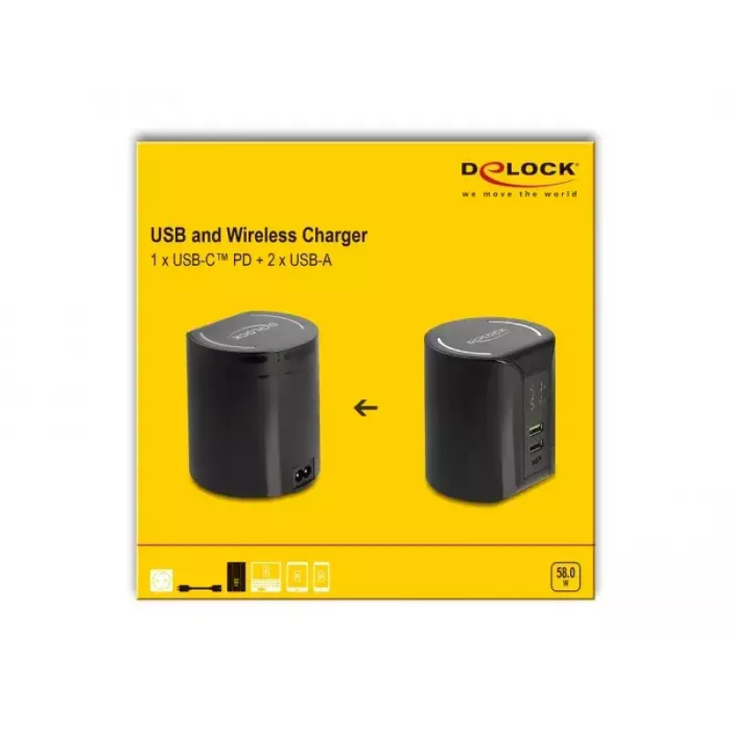 DeLOCK USB i ładowarka bezprzewodowa 1 x USB Type-C PD + 2 x USB Type-A 58 W