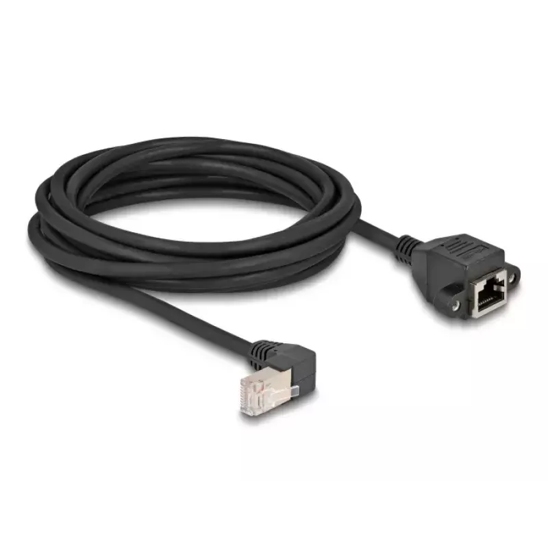 Przedłużacz sieciowy DeLOCK S/FTP RJ45 90° kątowy na RJ45 kat.6A 5 m czarny