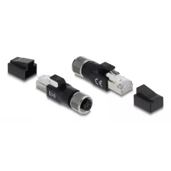 Adapter DELOCK M12 z kodowaniem D, 4-stykowy, żeński na wtyk RJ45, pozłacane styki, czarny