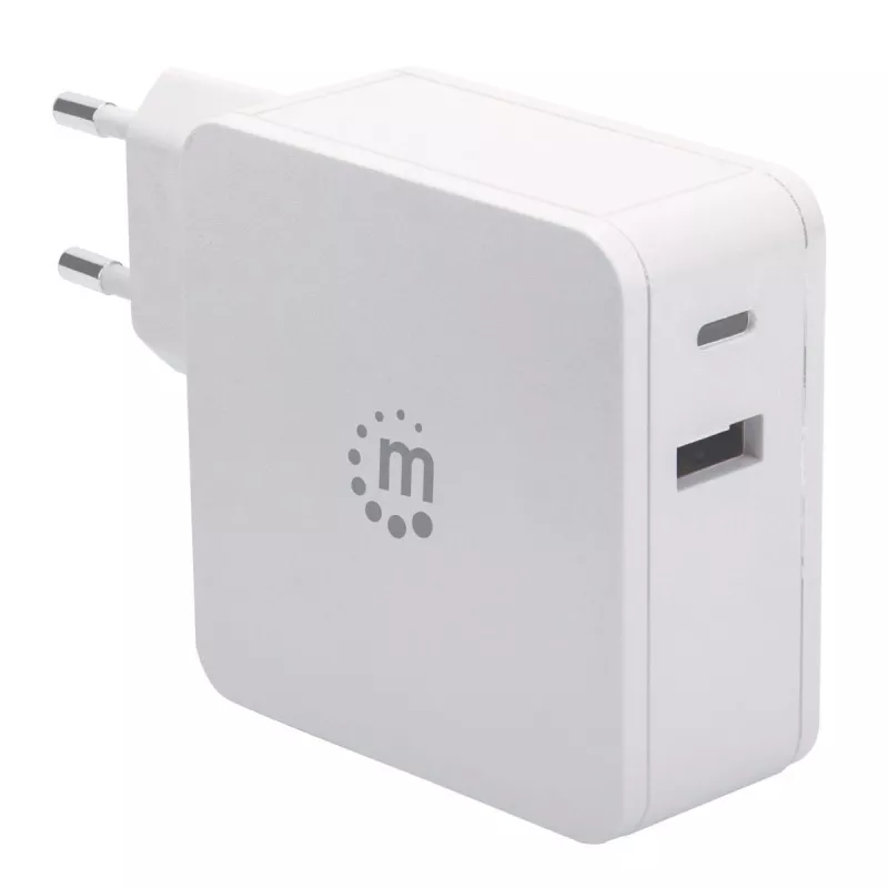 Manhattan Wall/Power Charger (wtyczka europejska 2-pin), porty USB-C i USB-A, Wyjście USB-C: 45 W / 3 A, Wyjście USB-A: 2,4 A, Biały, Trzyletnia gwarancja, Pudełko