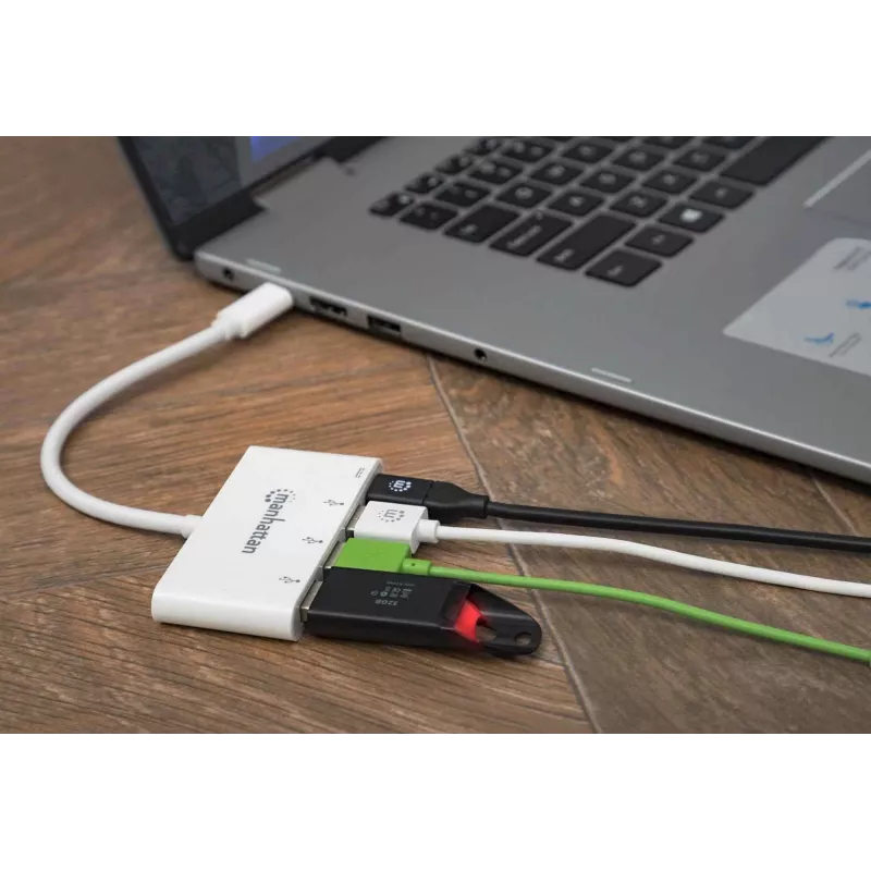 Koncentrator/stacja dokująca Manhattan USB-C, porty (x4): USB-A (x3) i USB-C, 5 Gb/s (USB 3.2 Gen1 znany jako USB 3.0), z funkcją Power Delivery (60 W) do portu USB-C (uwaga: wymagana dodatkowa ładowarka ścienna USB-C i kabel USB-C), uniwersalny dla wszystkich urządzeń, SuperSpeed USB, 3 lata gwarancji